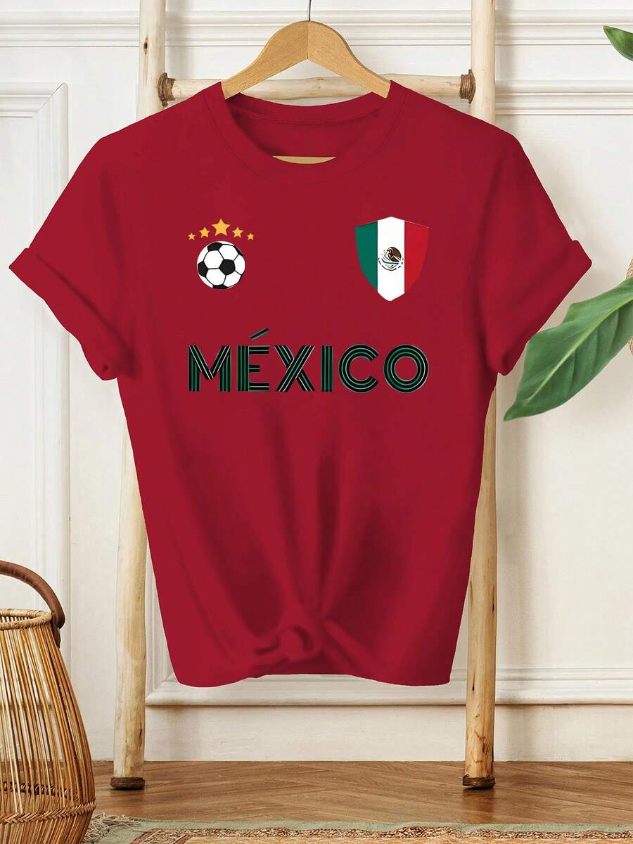 Plus Size - Plus Size - New Women's Summer Short Sleeve T-Shirt With Mexican Flag Emblem, Soccer, Five Stars And The Word 'Mexico', Designed For Casual And Stylish Wear - [紅色的] - 查看 1