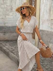 Vestido de mujer de manga corta holgado con cuello en V y medio abierto, de tela texturizada, adecuado para exteriores y vacaciones, primavera/verano - Caqui - Ver 4