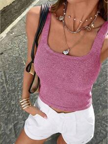 Camiseta sin mangas de punto con cuello cuadrado brillante y estilo Y2K sexy y lindo para mujer, ideal para uso casual, al aire libre, citas, diario, calle, viajes, vacaciones, festivales de música, festivales rurales, color dorado claro para verano - Rosa - Ver 2