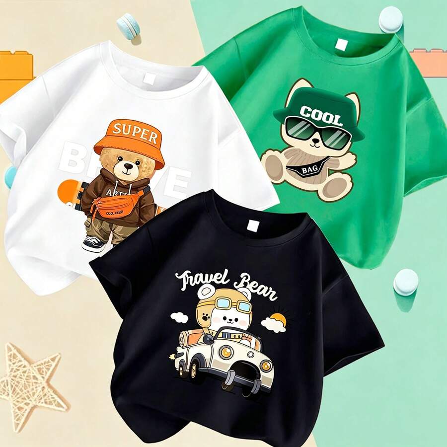 3 estilos de camisetas de manga corta con cuello redondo y estampado de palmeras para mujer, ropa casual para vacaciones o resorts. - Negro - Ver 1