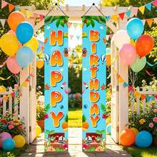 2 piezas Pancartas de felicitación con tema de cumpleaños tropical, cortinas de fibra de poliéster con impresión de alta definición con elementos de playa, plantas verdes, piña sobre fondo azul, decoración colgante "Feliz Cumpleaños" para patio exterior, barbacoa, fiesta de cumpleaños infantil, celebración de cumpleaños en la playa de verano, fiesta en la piscina - A - Ver 4