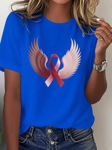 Soft Women's T-Shirt With Pink Bow And Angel Wings Of Hope, Casual Blouse For Women - 藍色 - 查看 1
