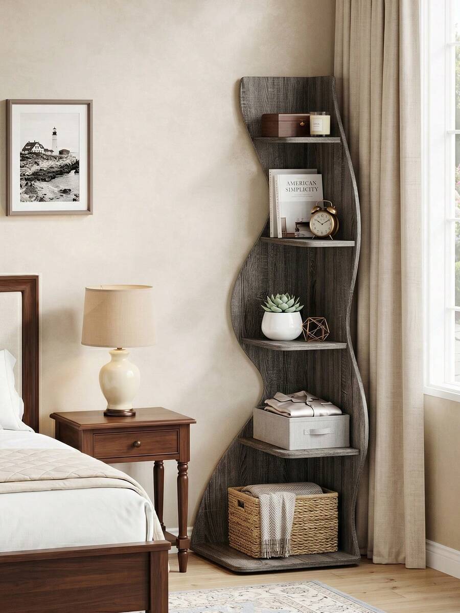 Modern Minimalist 5-Layer Corner Bookshelf, Corner Bookshelf, Display Cabinet, Shelving Unit, Open Storage, For Living Room, Study, And Bedroom. Multifunctional Storage Shelf. Easy To Install. - 灰色 - 查看 1