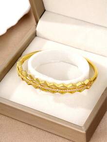 2pcs Women's Copper Honeycomb Rhinestone Bangle Bracelets, Luxury Wavy Micro-Inlaid Zirconia Hexagon Design Rhinestone Bangle Bracelets, Niche Luxury Wavy Pattern Bracelets - Multicolor - View 7