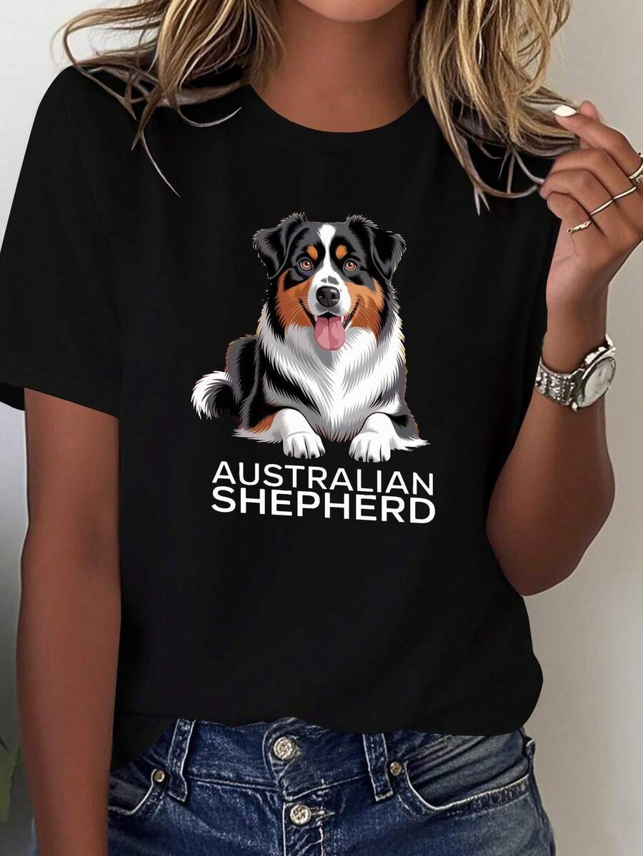 Retrato de un pastor australiano impreso en una camiseta suave para mujer. - Negro - Ver 1