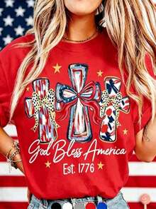 Graphic Tees For The Celebration Of America's 250th Anniversary, Crew Neck T-Shirt, T-Shirt With The Phrase "God Bless America", Gift T-Shirt For The 250th Anniversary Of The USA, Unisex T-Shirt For Independence Day, July 4th, Casual Style, Crew Neck, Regular Fit, 100% Cotton, T-Shirt With 1776 Design, Commemorative T-Shirt For Patriotic Independence Day. - 藍色 - 查看 2