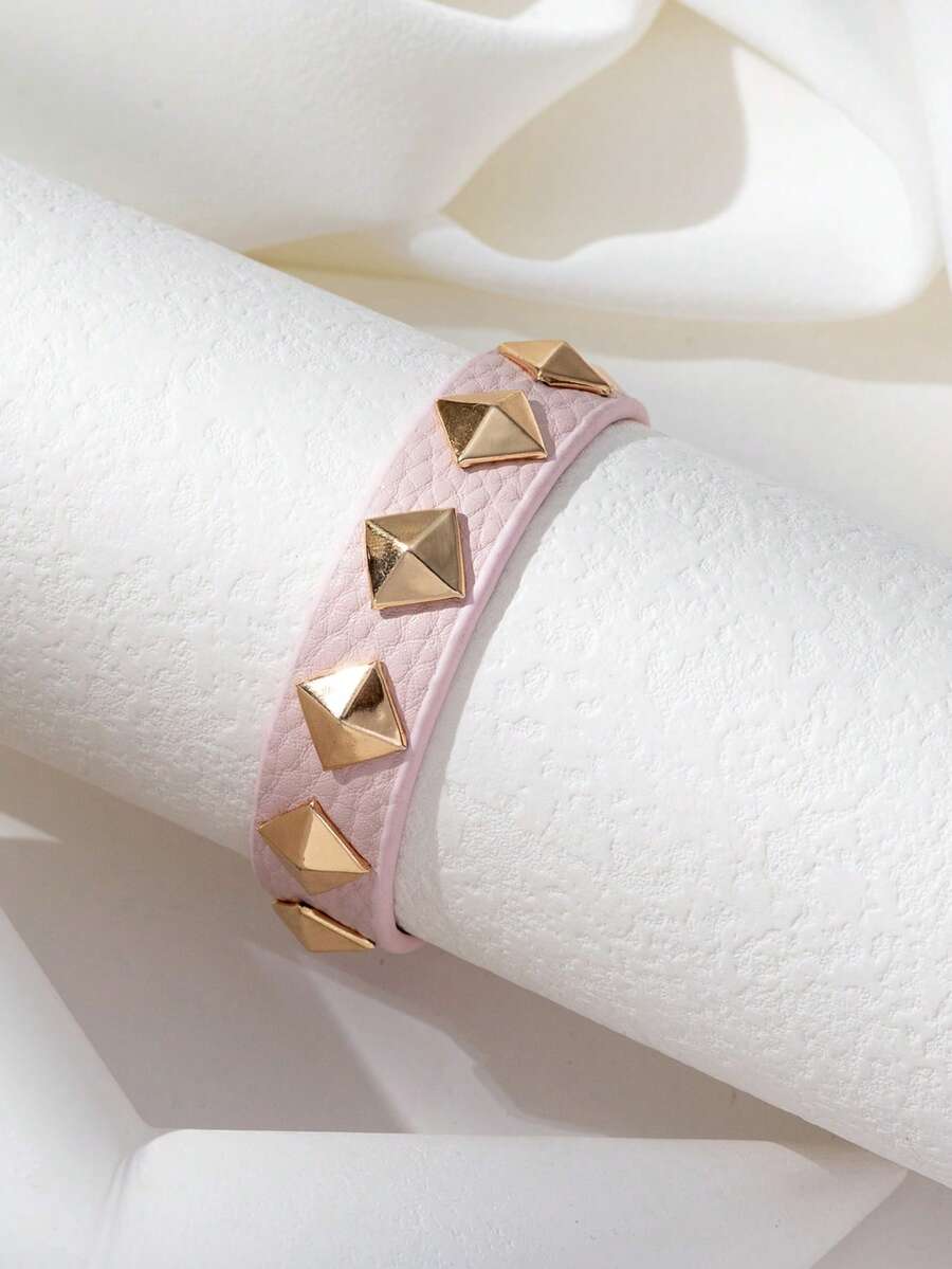 1 pieza Pulsera ajustable de mujer estilo gótico oscuro, punk, con remaches en triángulo de PU, adecuada para uso diario - Rosa - B1475 - Ver 1