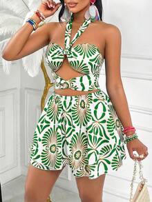 AIJ Green Floral Print Halter Cutout Mini Dress Tie Front Layered Ruffle Hem Back Tie Summer Beach Vacation Dress - White Green - View 5