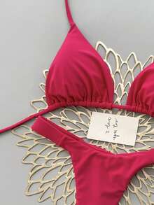 Bộ bikini 2 mảnh phong cách bohemian thanh lịch, gợi cảm, họa tiết hoa, buộc dây, thích hợp cho kỳ nghỉ biển, mùa xuân/hè. - Màu Hoa hồng đỏ - Xem 5