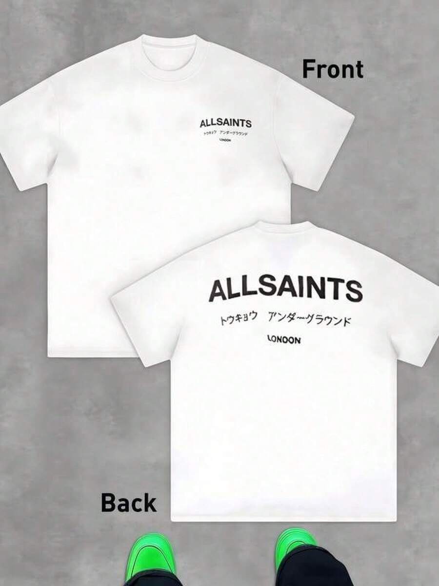 Texto que representa la conexión entre Londres y Tokio mostrando letras japonesas que evocan energía urbana y espíritu moderno con la marca AllSaints símbolo de actitud internacional y confianza en cada detalle 100% algodón camiseta de hombre Doble cara 220g - Negro - Ver 1