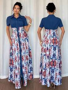 Vestido largo elegante de mujer con estampado floral azul, de manga abierta y efecto splice para el verano - Multicolor - Ver 1