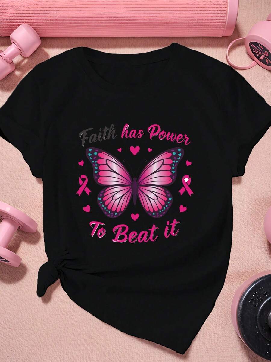Camiseta de Mujer Butterfly Faith, Camiseta Deportiva de Manga Corta para Mujer de Talla Grande - Negro - Ver 1