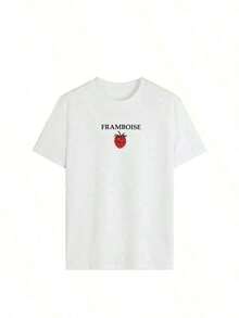 Camiseta Oversize para Mujer con Estética Y2K "FRAMBOISE" y Gráfico Bordado de Frambuesa, Camiseta Casual de Manga Corta con Cuello Redondo, Estilo Streetwear, Top Vintage Retro Minimalista con Estampado de Frutas, Ropa de Verano para Uso Diario, Citas para tomar un café, Brunch, Fiestas, Moda Vacacional para Adolescentes, Camiseta Gráfica Holgada para Mujeres Jóvenes y Amantes de las Frutas. - Multicolor - Ver 6