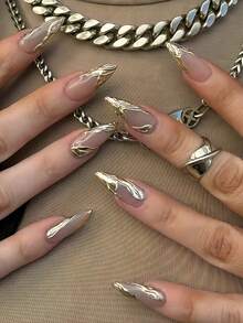 Y2K Style Instantly Upgrade Your Look! 24pcs Set Street Minimalist Casual Daily Personalized Cool Extremely Simple Nordic Silver Asymmetric Metal Line Crystal Decor 3D Metal Cross White French Almond Shaped Press-On Fake Nails, Suitable For Stylish And Cool Girls And Ladies Nail Art Supplies. - Vàng - Xem 1
