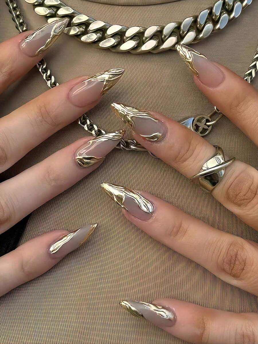 Y2K Style Instantly Upgrade Your Look! 24pcs Set Street Minimalist Casual Daily Personalized Cool Extremely Simple Nordic Silver Asymmetric Metal Line Crystal Decor 3D Metal Cross White French Almond Shaped Press-On Fake Nails, Suitable For Stylish And Cool Girls And Ladies Nail Art Supplies. - Vàng - Xem 1