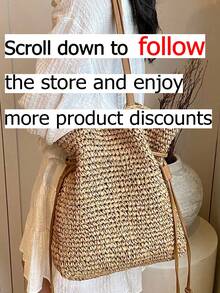 This Solid Color Crochet Woven Tote Bag Features A Drawstring PU Shoulder Strap, Making It A Perfect Choice For Beach Vacations, Weekend Outings, And Casual Daily Use. - Khaki - View 3