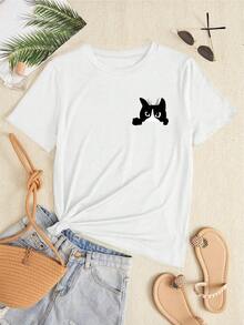 Camiseta divertida con gato negro diseño moderno casual para amantes de los animales estilo urbano algodón suave cómodo día a día múltiples tallas color blanco moda femenina  2023 - Blanco - Ver 1