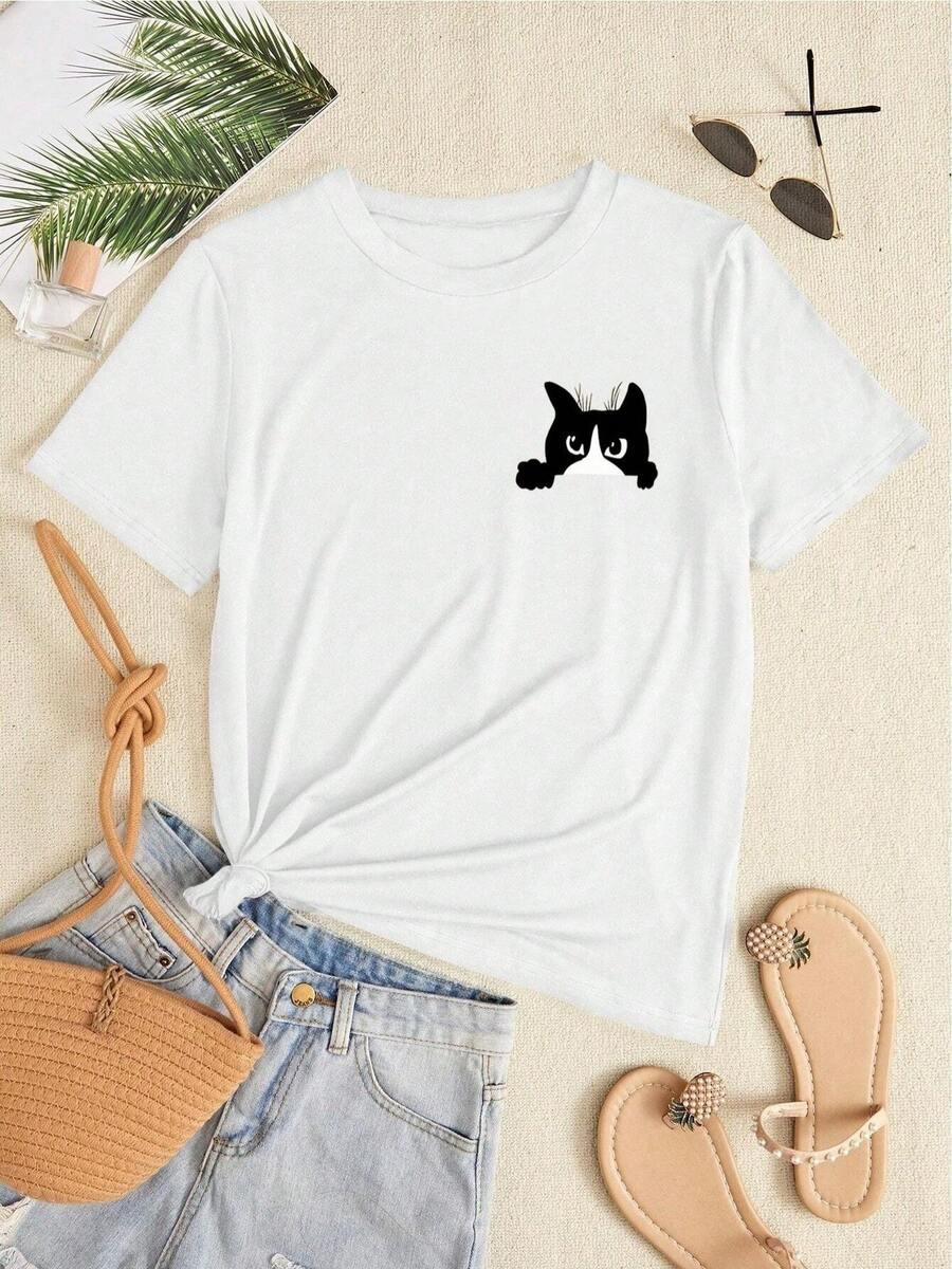 Camiseta divertida con gato negro diseño moderno casual para amantes de los animales estilo urbano algodón suave cómodo día a día múltiples tallas color blanco moda femenina 2023 - Blanco - Ver 1
