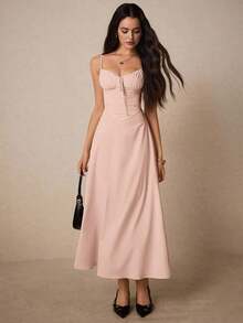 Vestido largo elegante de color crema con escote de corazón y detalles de volantes - perfecto para eventos formales, bodas de verano y citas románticas en la cena, vestimenta de mujeres para el Día de San Valentín, atuendos de mujeres amarillos, vestidos de mujeres en tonos pastel, vestidos elegantes para mujeres, vestidos de graduación blancos, vestidos de verano para mujeres, vestido de fiesta del té - Rosa Pálido - Ver 7
