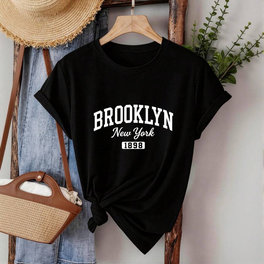 Sweet Women's T-Shirts Brooklyn New York 1898 Print Design Wrinkle-Free Casual Everyday Outdoor Wear Kawaii T-Shirt - 黑色 - 查看 1