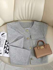 Chaqueta elegante y casual con estampado de dragón y fénix para mujer, de cuello redondo, unicolor, manga larga, minimalista y de moda para otoño/invierno en color negro - Gris - Ver 5