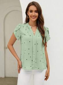 Blusa de mujer de escote en V con estampado de corazón y mangas con volantes para el verano y la playa - Verde - Ver 4