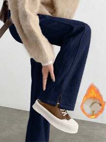 YI XUAN Pantalones anchos con forro térmico para mujer, pantalones rectos casuales térmicos de plátano cálidos para invierno - Azul marino - Ver 1