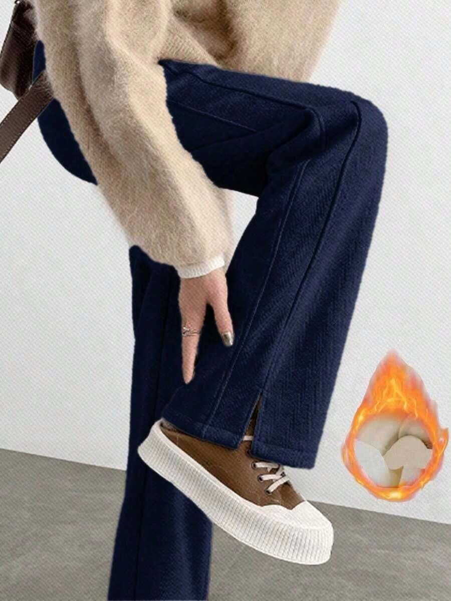 YI XUAN Pantalones anchos con forro térmico para mujer, pantalones rectos casuales térmicos de plátano cálidos para invierno - Azul marino - Ver 1