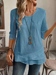 Camiseta blanca de cuello en V para mujer con diseño de parches de línea asimétrica en el dobladillo - Agua verde azul - Ver 7