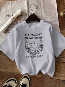 Camiseta Casual de Vacaciones para Mujer, Camiseta de Manga Corta con Diseño de Tai Chi, Estilo Deportivo - Rojo - Ver 9