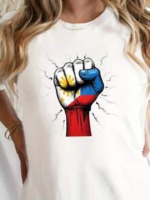 Plus Size - Extra Large Size - Women's T-Shirt, Made Of Pure Cotton, Lightweight And Breathable Fabric, Round Neck Design, Printed Design, Short Sleeve Cut, Suitable For Spring And Summer. - White - View 6