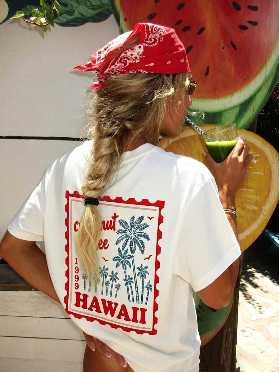 Damen Hawaii-Urlaubsstil: T-Shirt mit Palmenmuster - Lässig, locker, Rundhals, Oversized, Kurzarm, perfekt für Sommer, Streetwear und Hip-Hop-Stil, geeignet für den täglichen Gebrauch und den Arbeitsweg - Weiss - Übersicht 1