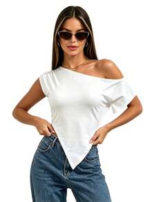 Womens Off One Shoulder Tops Solid Color Slim Fit Short Sleeve Asymmetrical Pointed Hem T-Shirt - White - View 2