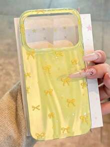 Cute & Fashionable Aurora Laser Full Screen Blue Star Bow Lace Pendant Phone Case Suitable For IPhone 17 Pro Max, 17 Pro, 12, 13, 16, 15, 14 Pro Max, 14, 15, 16 Plus, 11, 16, 15, 13, Asymmetrical Ripple Pattern, Muslim Festival Gift - Yellow - View 3