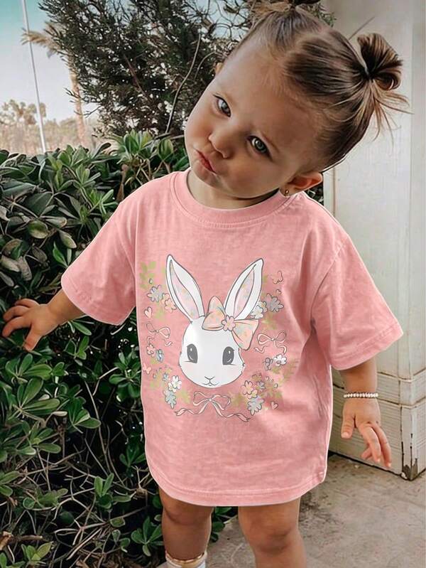 Baby Girl Rabbit Bowknot Flower Print Round Neck Short Sleeve Cute Top