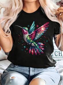 Short-Sleeved T-Shirt With Geometric Print And Bright Hummingbird - Casual Round Neck Top, Breathable And Machine Washable, Suitable For All Seasons, Versatile For Everyday Wear, Adorned With A Bright Hummingbird, 180g 100% Cotton. - 黑色 - 查看 6