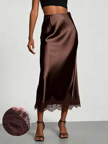 Elegant French Vintage Elastic Satin Texture Silky Brown Casual Contrast Lace Skirt, Fashionable Versatile - Brown - View 1