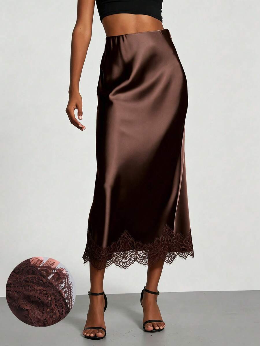 Elegant French Vintage Elastic Satin Texture Silky Brown Casual Contrast Lace Skirt, Fashionable Versatile - Brown - View 1