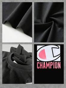 Gran logotipo con forma de letra C enmarcada que simboliza fuerza superación y energía positiva con texto CHAMPION en tonos rosados camiseta de mujer  casual cómoda para uso diario - Negro - Ver 4