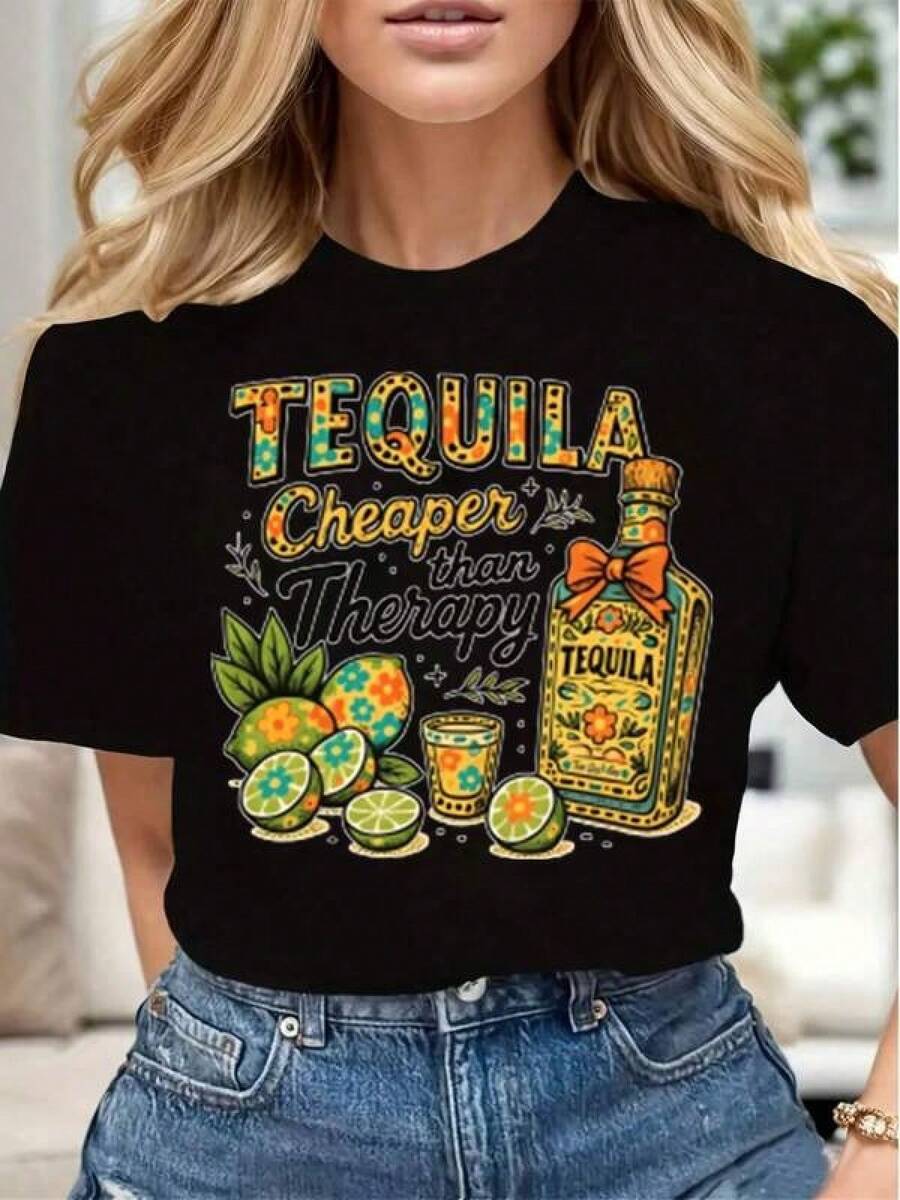 Camiseta unisex de manga corta, TequilaMás baratoThanTerapiaBotellaYLimonesImprimirMujeresInformalTCamisaSuaveCómodoRegaloParaCumpleañosFiestaCincoDeMayoplayerashombre, , , Dazymujer,romwehombres, bohochic,maestrasregalos,camisetaparaconjuntos de mujercon curvasparamu,y2k, - Negro - Ver 1
