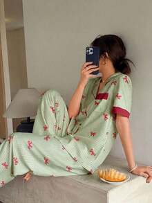 Napfluff Pyjama Set With Short Sleeve Top With Red Button And Striped Pants With Contrasting Color Bow; Pink Striped Pyjama Set With Printed Bow, Suitable For Home Use - Grey - View 12