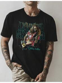 Camiseta casual con estampados de la cultura callejera vintage, adecuada tanto para hombres como para mujeres.Esta camiseta de manga corta de estilo urbano retro es perfecta para conciertos, con un corte holgado y diseñada con la imagen de Gary Rossington, de una banda de rock sureña.Es lavable a máquina.Summer Casual Wear,Casual Daily Style,Streetwear Style,Vacation Outfit,Hot Weather Wear,Party Outfit,Street Style,Trendy Fashion,playeras de mujer,blusas para mujer - Negro - Ver 1