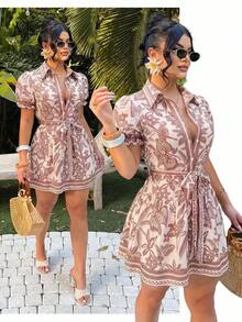 Vestido corto de tipo A de manga corta con un solo pecho y lazo delantero de estilo bohemio, vestidos cortos de verano para mujeres, atuendos de vacaciones en la isla, vestidos de verano, atuendos de vacaciones para mujeres, ropa de mujer bohemia, atuendos de crucero para mujeres, atuendos de Hawái para mujeres, vestido tropical, vestido camisero, atuendos de Ibiza - Multicolor 4 - Ver 1