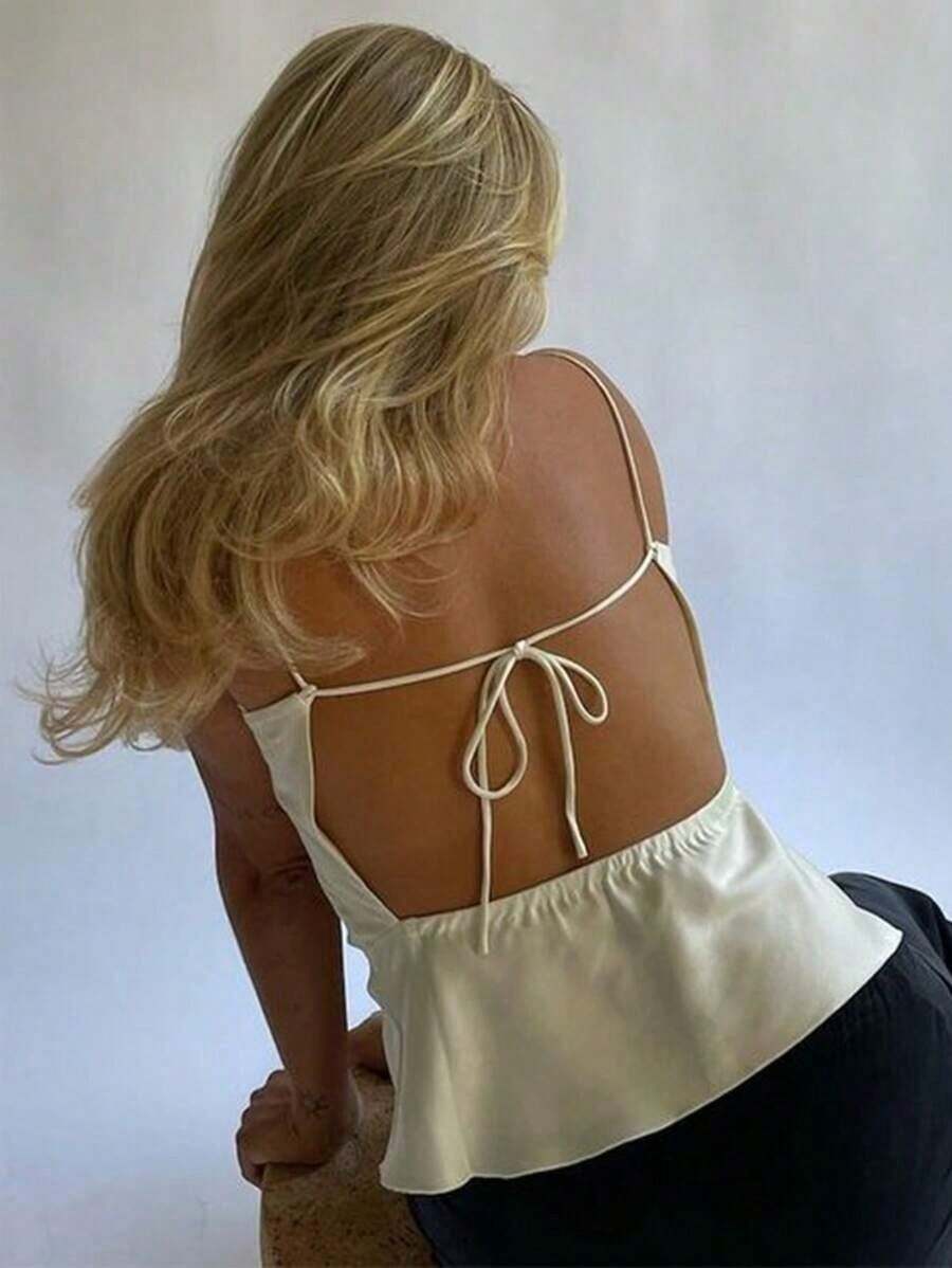 Top tipo tirantes para mujer sin espalda con lazo en color marrón chocolate satinado - Albaricoque - Ver 1