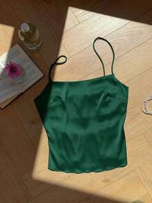 Top tipo tirantes para mujer sin espalda con lazo en color marrón chocolate satinado - Verde Oscuro - Ver 5