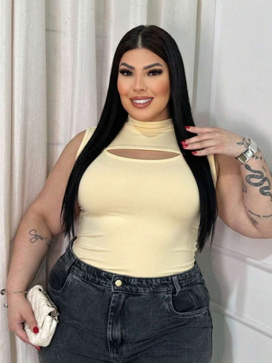 Women's Plus Size High Neck Sleeveless Bodysuit In Spandex - Fitted, Modern, And Comfortable - Yellow - View 1