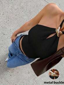 Top de punto con decoración metálica y cuello halter para mujer, 2025 - Negro - Ver 3