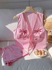 Conjunto casual de 2 piezas de top corto sin mangas con cordones delanteros y shorts para mujer en beige - Rosa - Ver 4