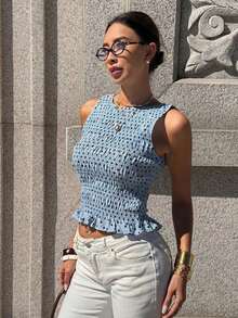 Camiseta de tirantes con cuello redondo y pliegues, con estampado de lunares en la cintura para vacaciones de mujer - Celeste - Ver 4
