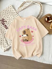 2pcs/Set Girls Round Neck Short Sleeve T-Shirt With Cute Capybara Print And Simple Striped Shorts, New Summer Vacation Style - Apricot - View 4